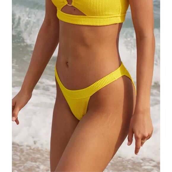 Aerie Yellow Crinkle Banded Cheeky Bikini Bottom Size Medium New - Picture 1 of 4